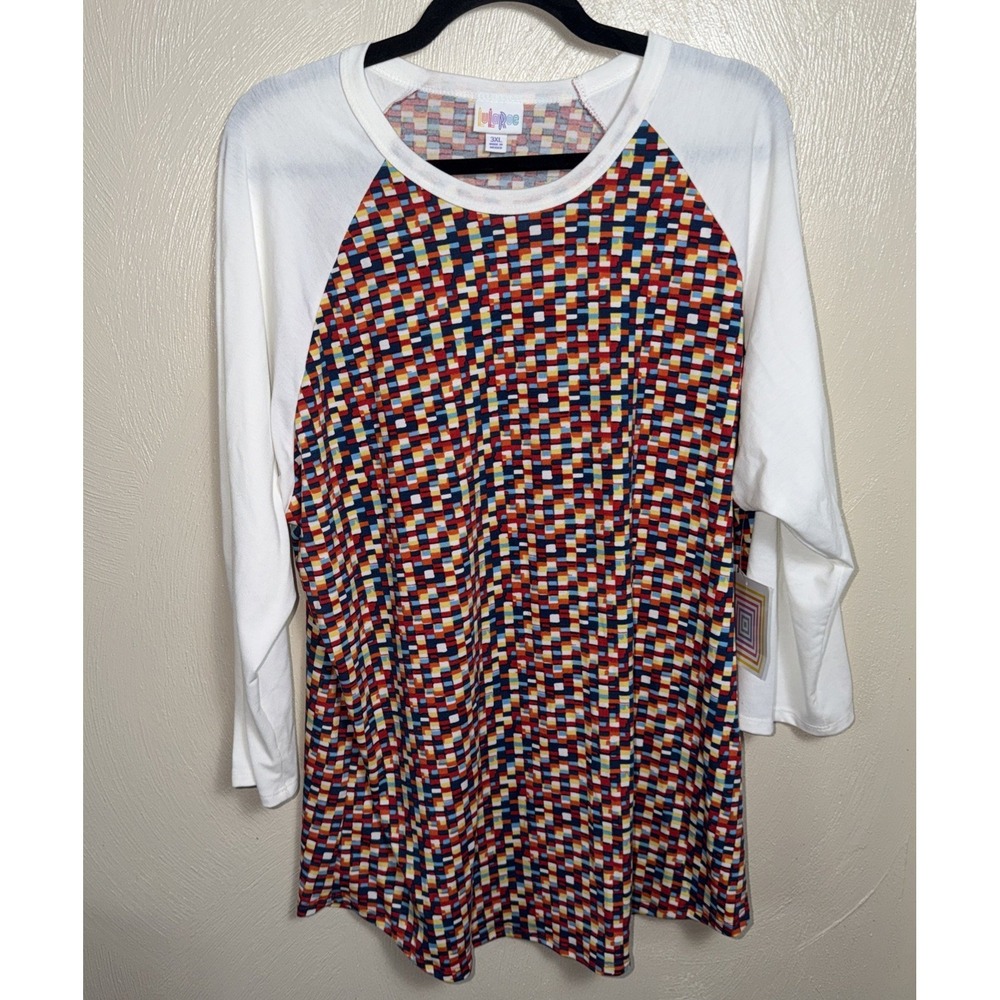 LuLaRoe Randy Raglan Tee Geometric Print 3XL Multi Color Baseball Top Casual NWT
